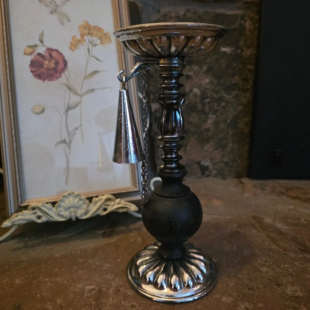 Vintage Silver Tone Metal Wood Candlestick Holder with Attached Snuffer 9.5in